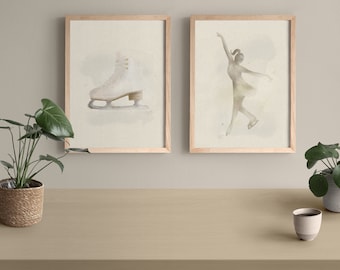 Arte de acuarela de patinaje artístico, conjunto de 2 impresiones beige, impresiones de arte de pared neutras, decoración de pared minimalista, arte imprimible, !! DESCARGA DIGITAL !!