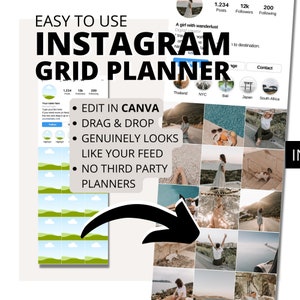 May include: A graphic design template for planning an Instagram grid. The template is made up of 18 squares, each with a different image. The template is designed to help users create a visually appealing and cohesive Instagram feed. The text on the template says "EASY TO USE INSTAGRAM GRID PLANNER".