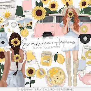 May include: A digital clip art collection featuring a variety of illustrations with a sunshine and happiness theme. The collection includes a woman with long red hair, a vintage van, sunflowers, honey jars, a teapot, and a bowl of honeycombs.