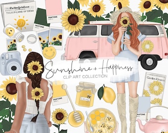 Sunshine + Happiness Clip Art | Digital art | Floral Digital scrap booking elements | Planner stickers