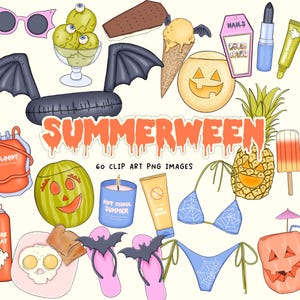 Summerween-illustraties, Halloween in de zomer digitale stickers, Clipart-afbeeldingen Beachy Ghost