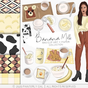 Bananenmilch Mini Sammlung ClipArt und digitale Papiere | Frühstück digitale Kunst | nahtlose Muster | Digitale Schrottbuchungselemente