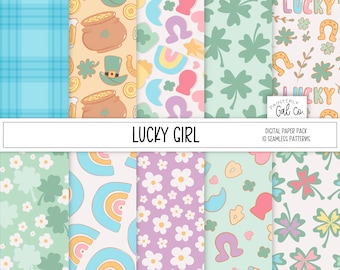 Lucky Girl Digital Papers, St Patrick's Day Seamless Patterns