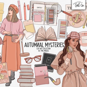 Könnte beinhalten: Eine digitale Clipart-Sammlung mit 50 Bildern zu Herbstthemen. Die Bilder zeigen eine Frau in einem rosa Pullover und braunem Rock, eine Frau in einem braunen Trenchcoat und Hut, ein Buch, eine Lupe, eine Tasse Kaffee, eine Kerze, eine Zeitung, eine Lampe, einen Stapel Bücher, eine Brille, eine Pfeife, ein Notizbuch, ein Telefon und eine Kaffeetasse mit einem Blattdesign. Der Text "AUTUMNAL MYSTERIES" ist im Bild zu sehen.