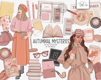 May include: A digital clip art collection of 50 images featuring autumnal themes. The images include a woman wearing a pink sweater and brown skirt, a woman wearing a brown trench coat and a hat, a book, a magnifying glass, a cup of coffee, a candle, a newspaper, a lamp, a stack of books, a pair of glasses, a pipe, a notebook, a phone, and a coffee cup with a leaf design. The text "AUTUMNAL MYSTERIES" is featured in the image.