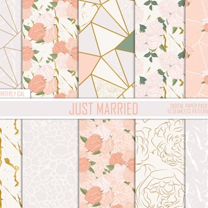 Puede incluir: Un paquete de papel digital con 10 patrones sin costuras que presentan diseños florales, geométricos y de mármol en rosa, blanco y dorado. El texto "Just Married" se muestra en una pancarta blanca.