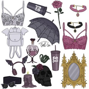 May include: A collection of gothic-themed items including a black lace bra, a pink lace bra, a white backpack with bat wings, a black umbrella with a spiderweb design, a skull with a floral crown, a gold ornate mirror, a purple candle, a pair of headphones with bat wings, a bottle of potion, a green snake, a black and white sunglasses, a black coffee cup with the text "Goth Juice", a pink choker with a pendant, a black choker with a pendant, and a pink rose.