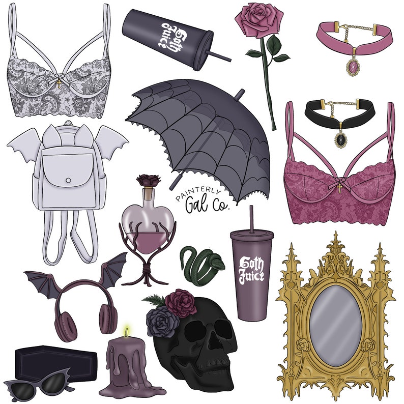 May include: A collection of gothic-themed items including a black lace bra, a pink lace bra, a white backpack with bat wings, a black umbrella with a spiderweb design, a skull with a floral crown, a gold ornate mirror, a purple candle, a pair of headphones with bat wings, a bottle of potion, a green snake, a black and white sunglasses, a black coffee cup with the text "Goth Juice", a pink choker with a pendant, a black choker with a pendant, and a pink rose.