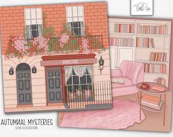May include: A digital illustration of a bookstore with a pink armchair and a side table with books. The bookstore has a sign that says "BOOKSTORE" and a window with a floral display. The armchair is in a room with a bookshelf filled with books. The illustration is in a soft pink and peach color palette.