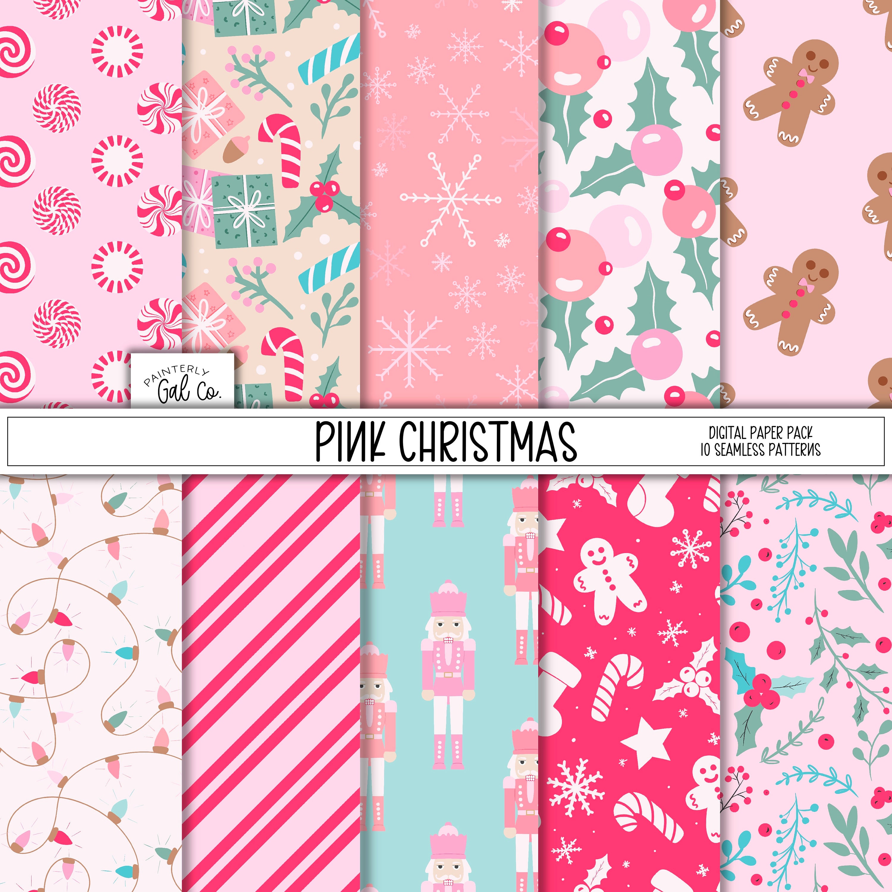 Pink Christmas digital papers | Christmas Seamless Patterns | Scrapbooking Paper | Winter, xmas Print