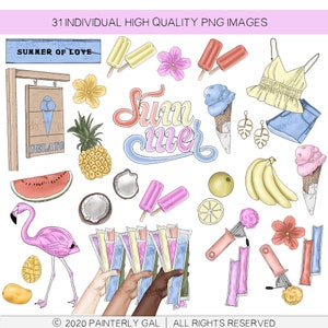 May include: A set of 31 summer-themed digital illustrations, including a flamingo, ice cream cones, popsicles, fruit, and a sign that says "Summer of Love".