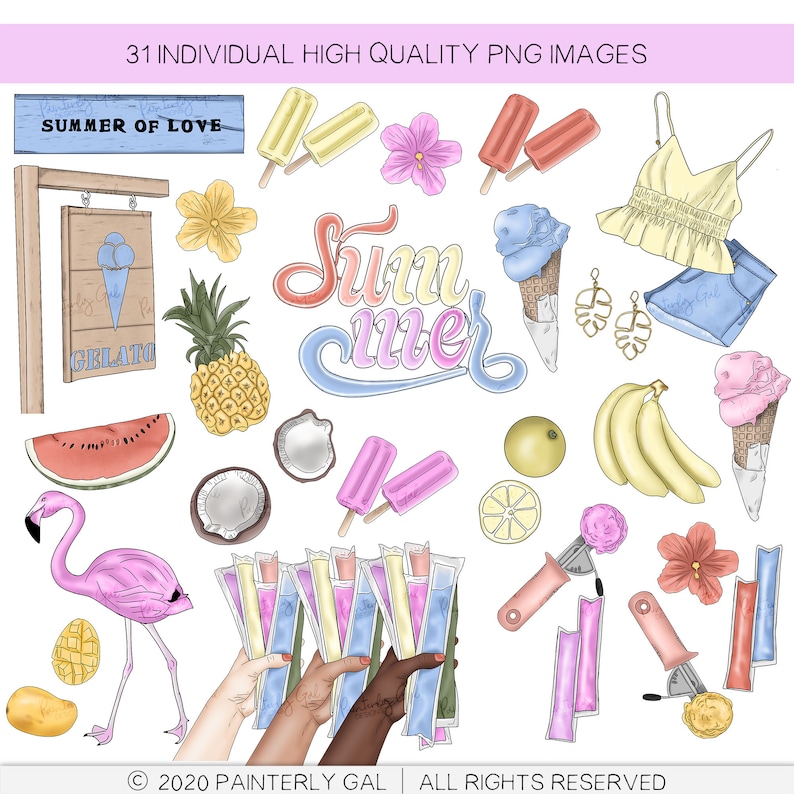 May include: A set of 31 summer-themed digital illustrations, including a flamingo, ice cream cones, popsicles, fruit, and a sign that says "Summer of Love".