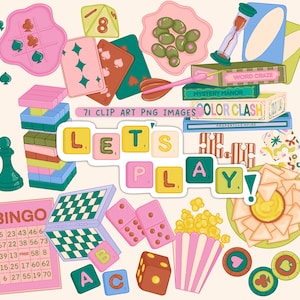 May include: A selection of colourful clip art images depicting board games and card games. Includes playing cards, dice, dominoes, bingo cards, and the text "LET'S PLAY". The image has a playful, vintage aesthetic.