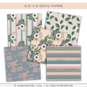 Op de afbeelding: Set van 10 digitale papieren met bloem- en geometrische patronen. De patronen omvatten strepen, bladeren, bloemen en de zin "C'est la vie" in roze schrift. De papieren zijn 30,48 cm bij 30,48 cm.