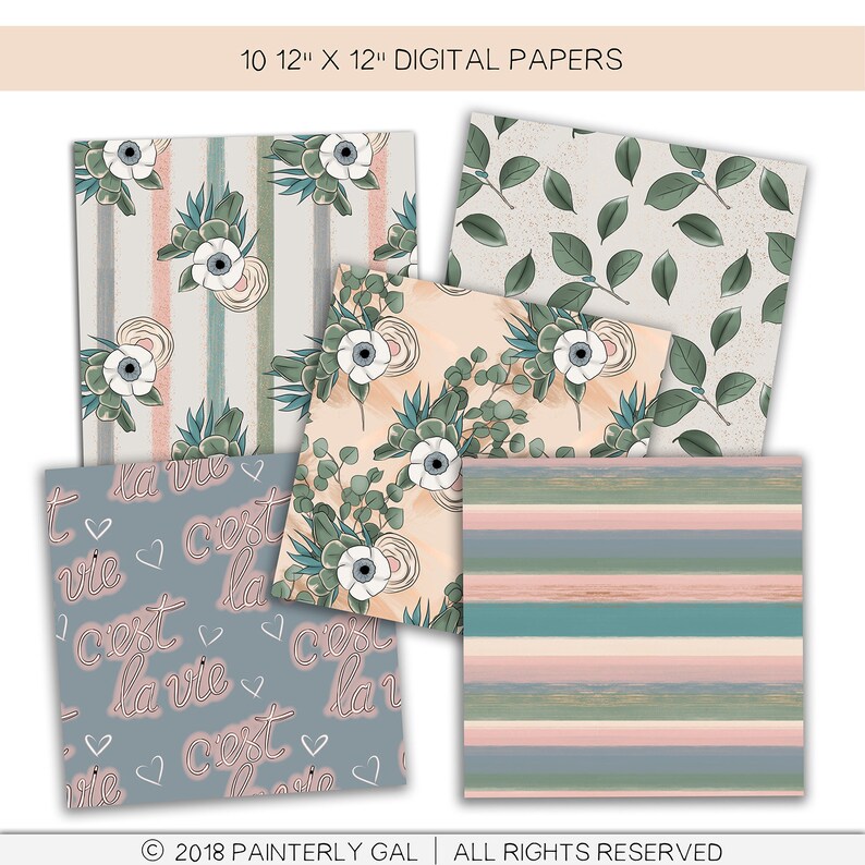 Op de afbeelding: Set van 10 digitale papieren met bloem- en geometrische patronen. De patronen omvatten strepen, bladeren, bloemen en de zin "C'est la vie" in roze schrift. De papieren zijn 30,48 cm bij 30,48 cm.