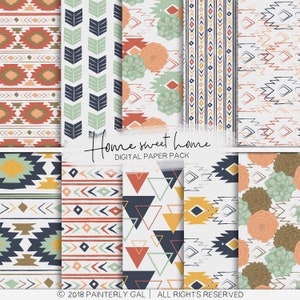 May include: A digital paper pack with 10 different patterns featuring geometric shapes, arrows, and floral designs in a southwestern style color palette of red, orange, yellow, blue, green, and brown.