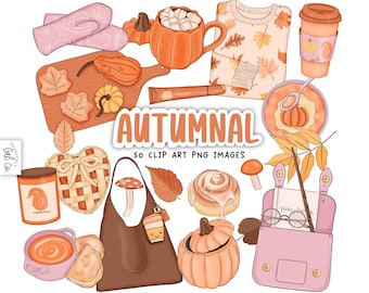 Puede incluir: Una colección de imágenes prediseñadas otoñales. Las ilustraciones incluyen una taza con forma de calabaza con malvaviscos, un suéter con hojas de otoño, una taza de café para llevar, una tarta y un bolso con un libro y gafas. La palabra "Autumnal" está escrita en naranja.