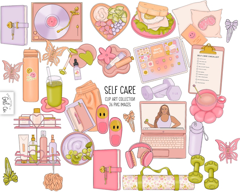 Op de afbeelding: Een verzameling clipart-afbeeldingen met als thema zelfzorg in roze, groen en paars. De afbeeldingen omvatten een platenspeler, een waterfles, een kopje thee, een notitieboekje, een paar dumbbells, een yogamat, een laptop, een koptelefoon, een vlinder, een hartvormig bord met fruit, een make-uppalet en een zelfzorgchecklist.