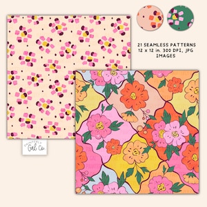May include: Two floral pattern designs. One features a cream background with pink and yellow flowers and black dots. The other has a patchwork design with pink, orange, and yellow flowers. The image also includes two circular pattern samples and text that reads "21 SEAMLESS PATTERNS 12 x 12 in. 300 DPI, JPG IMAGES."