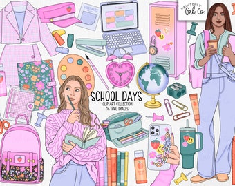 School Days Clip Art | First day of School Clipart PNG images | Digital Stickers.