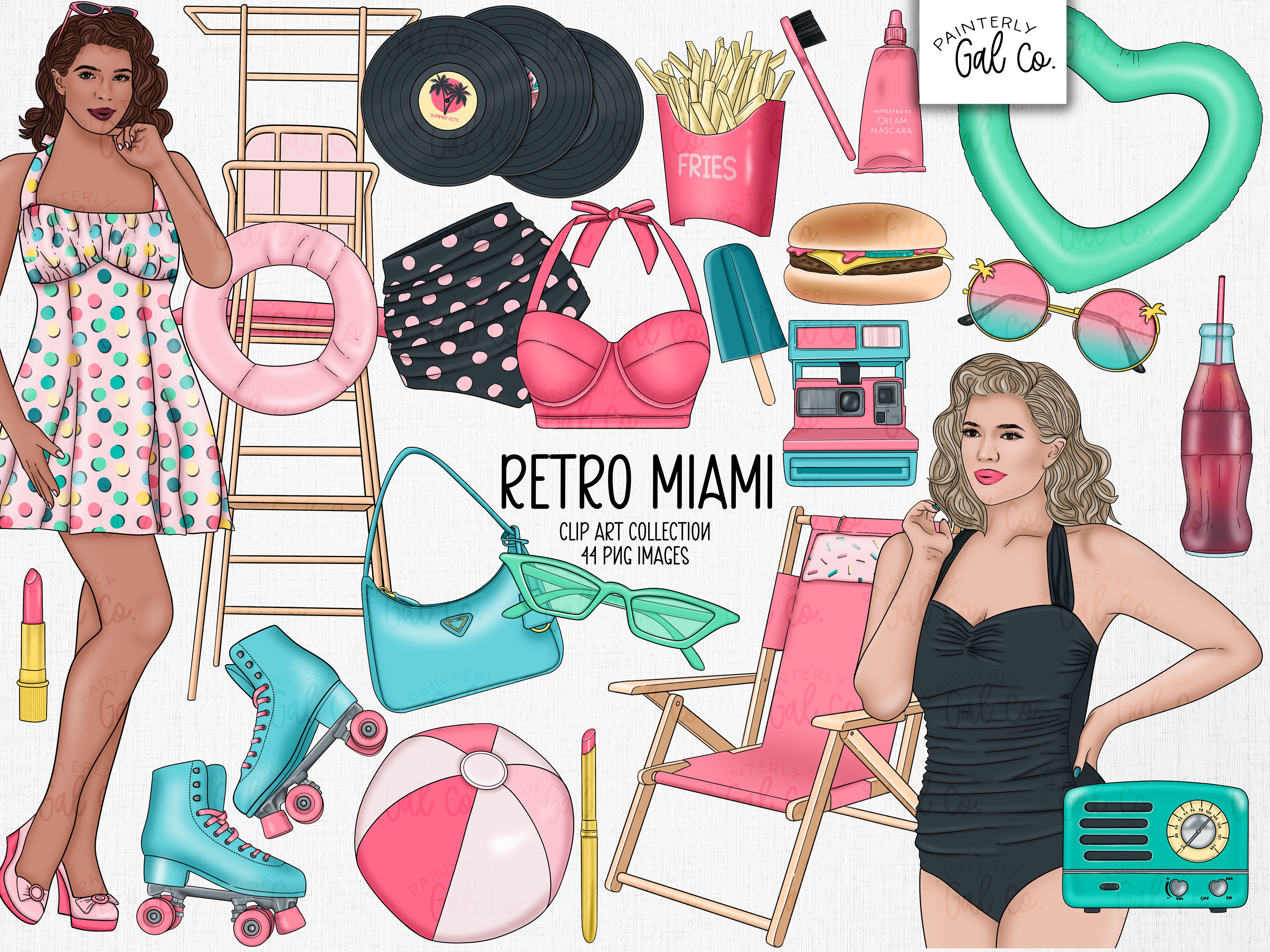 Retro Miami  Clip Art | Summer, Spring, Beach,  Clipart PNG images | Retro Digital Stickers.