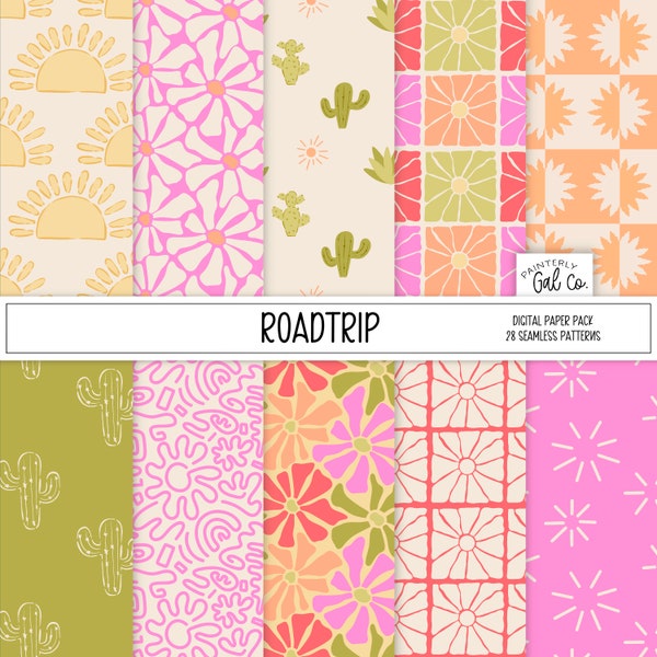 Roadtrip Digital Papers, Seamless Patterns Desert, Cactus, Modern, floral Fabric Print