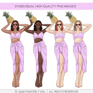 May include: Three digital illustrations of women wearing pink bikini tops and matching sarongs. Each woman has a different skin tone and hairstyle. They are all holding a pineapple above their heads.