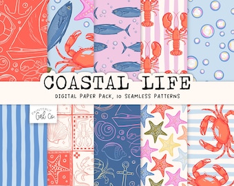 May include: A digital paper pack featuring ten seamless patterns with a coastal theme. Designs include illustrations of anchors, sailboats, fish, crabs, starfish, and seashells in shades of red, blue, pink, and green. The text "COASTAL LIFE" is displayed.
