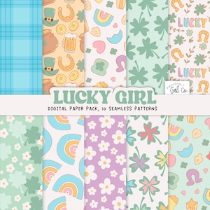 Puede incluir: Un paquete de papel digital con 10 patrones sin costuras que presentan una variedad de diseños con temática del Día de San Patricio, incluyendo tréboles, arcoíris, herraduras y monedas de oro. El texto "LUCKY GIRL" y "PAINTERLY Gal Co." también está incluido.
