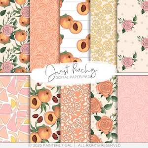 May include: A digital paper pack with peach and rose patterns. The pack includes 10 different patterns, each with a unique design. The patterns are perfect for creating invitations, cards, scrapbook pages, and other craft projects.