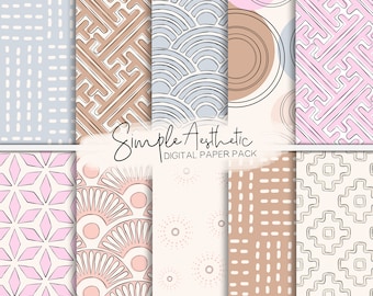 May include: A digital paper pack with 10 different patterns in a simple aesthetic style. The patterns include geometric shapes, lines, and dots in shades of pink, brown, and blue.