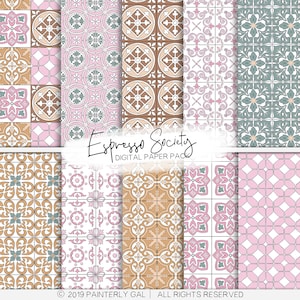 May include: Digital paper pack with 8 tile patterns in pink, brown, and green. The patterns are inspired by traditional Spanish tiles. The text "Espresso Society Digital Paper Pack" is at the top of the image.