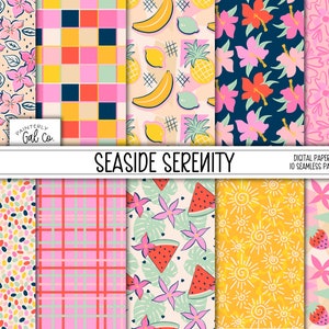 Seaside Serenity digitale documenten | naadloze patronen | Zomer, geometrisch, strand scrapbookpapier | Zomerse bloemenprints