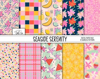 Seaside Serenity Digital Papers | Seamless Patterns | Summer, Geometrical, Beach Scrapbooking Paper | Summer Floral Prints