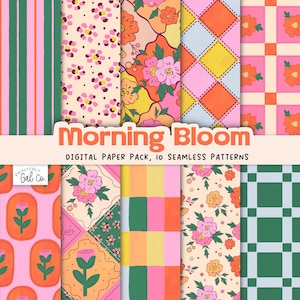 Peut inclure: Un pack de papiers numériques avec dix motifs sans couture. Les motifs présentent des motifs floraux et géométriques en rose, orange, jaune et vert. Le texte "Morning Bloom" et "Digital Paper Pack, 10 Seamless Patterns" sont visibles.