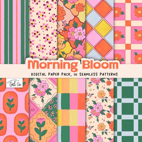 Morning Bloom Digital Paper pack, Spring, Floral Seamless Patterns