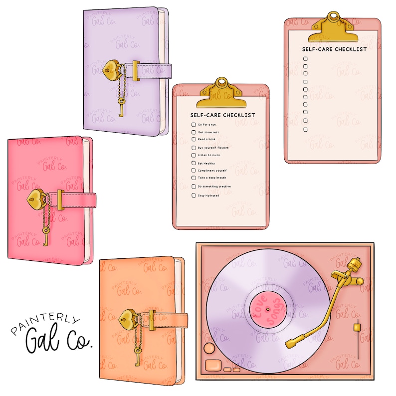 Op de afbeelding: Een set van vier roze, paarse en oranje gepatroneerde dagboeken met gouden sloten en sleutels. De dagboeken zijn versierd met de tekst "Painterly Gal Co." Een roze klembord met de tekst "SELF-CARE CHECKLIST" en een lijst met zelfzorgactiviteiten. Een roze platenspeler met een paarse plaat waarop "Love Songs" staat.