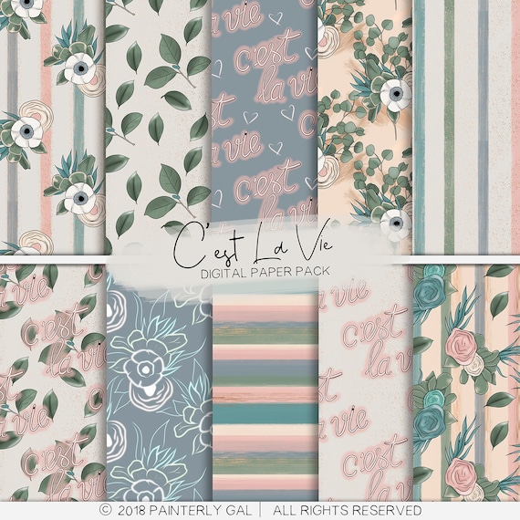 C'est La Vie Digital Papers | Floral Seamless pattern background digital scrap booking paper