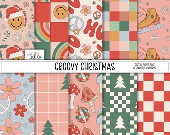 Groovy Christmas Digital Papers | Retro, Hippie, Sixties, Xmas Seamless Patterns | Scrapbooking Paper | scholar print