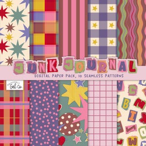 May include: A digital paper pack featuring ten seamless patterns with a variety of designs. The patterns include stars, plaid, polka dots, stripes, and a grid. The text "Junk Journal" is displayed above the patterns, with the text "Digital Paper Pack, 10 Seamless Patterns" below.