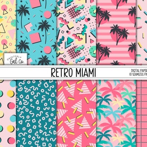 Carte digitali Retro Miami / Retro Summer Seamless Patterns / Carta Scrapbooking / Stampa tropicale