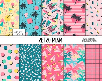 Retro Miami digital papers | Retro Summer Seamless Patterns | Scrapbooking Paper | Tropical Print