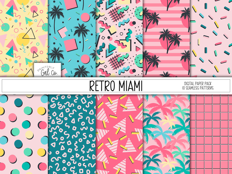 Miami Patterns Retro Miami Digital Papers | Retro Summer Seamless Patterns ...
