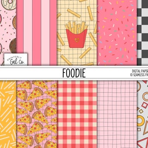 Papiers numériques gourmands | Modèles sans couture | Papier Scrapbooking Pizza, Donuts, restaurant | Impressions alimentaires