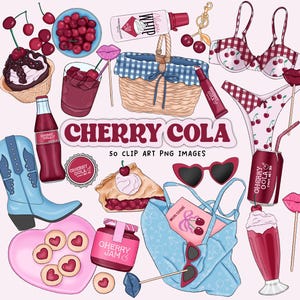 Puede incluir: Un conjunto de 50 imágenes de arte digital recortable con temática de cereza y cola. Las imágenes incluyen cerezas, una botella de cereza y cola, una lata de cereza y cola, una tarta de cereza, un tarro de mermelada de cereza, una bota vaquera, una cesta de picnic, gafas de sol, un traje de baño, un batido y una galleta en forma de corazón.