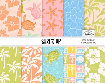 Surf's Up Digital Papers, Tropical, Hawaii, Turtles, Sea Seamless Patterns