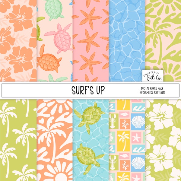 Surf's Up Digital Papers, Tropical, Hawaii, Turtles, Sea Seamless Patterns