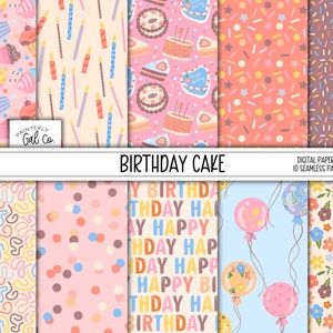 Könnte beinhalten: Ein digitales Papierpaket mit 10 nahtlosen Mustern zum Thema Geburtstagstorte. Die Muster beinhalten Cupcakes, Kerzen, Streusel, Ballons, Blumen und die Worte "Happy Birthday".