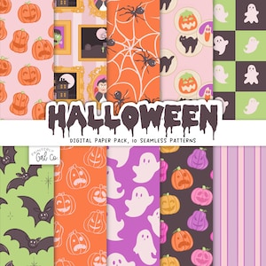 May include: A digital paper pack with 10 seamless Halloween patterns. The patterns feature pumpkins, ghosts, bats, spiders, and other spooky designs in orange, purple, green, and pink. The word "HALLOWEEN" is displayed in dripping letters.