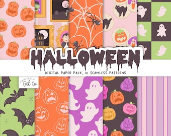 May include: A digital paper pack with 10 seamless Halloween patterns. The patterns feature pumpkins, ghosts, bats, spiders, and other spooky designs in orange, purple, green, and pink. The word "HALLOWEEN" is displayed in dripping letters.